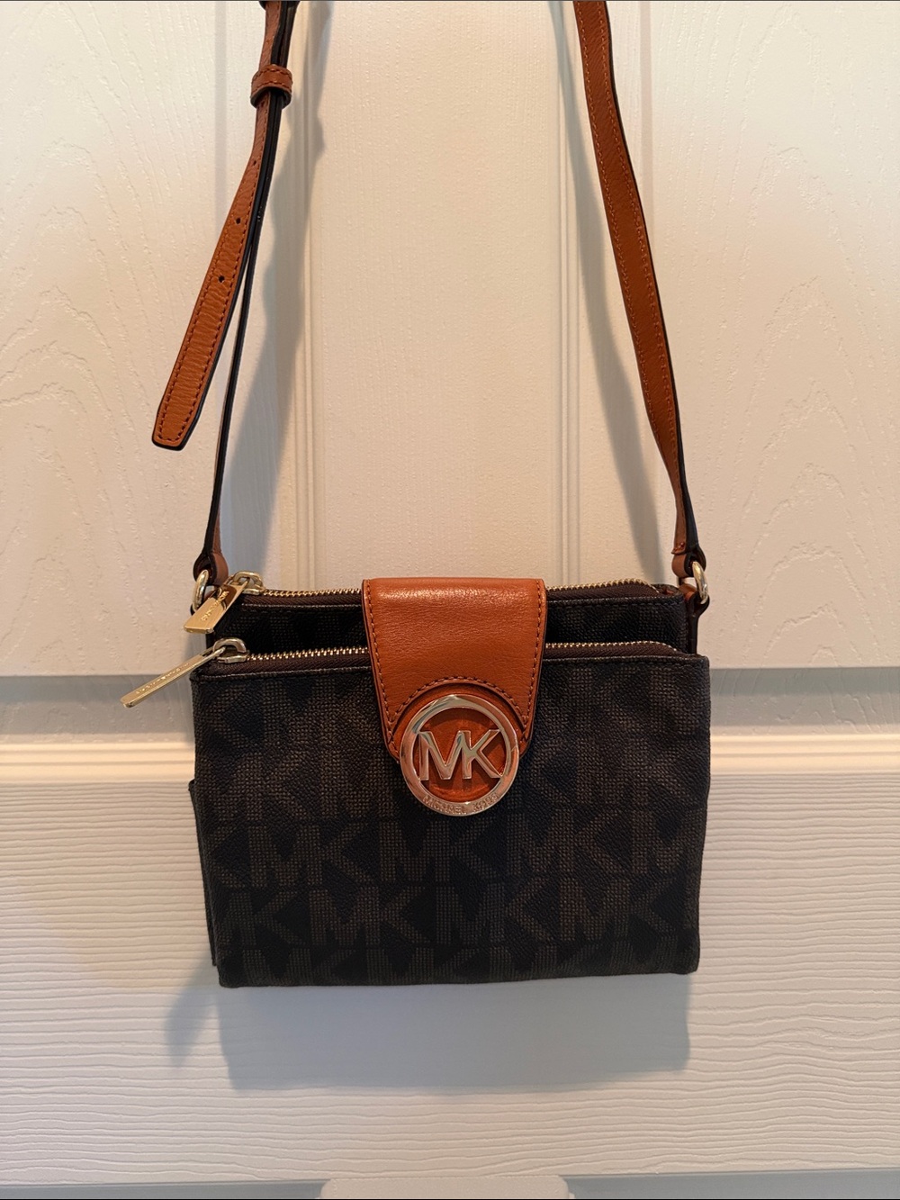 Michael Kors Dark Brown Logo Crossbody with Tan Leather Trim